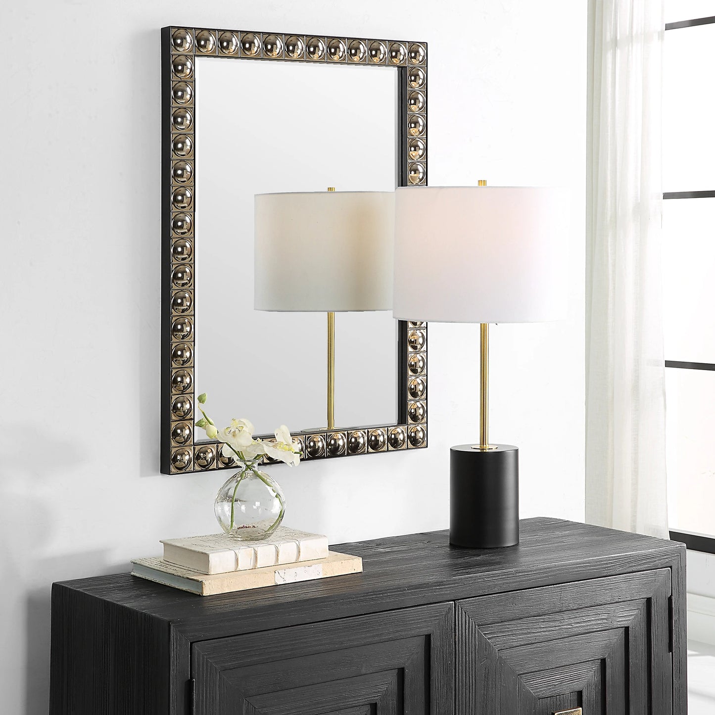 003 SI-2146807 | Lifestyle | Silvio Tiled Vanity Mirror by Uttermost in antiqued silver-champagne. Made from iron, ceramic, mirror, mdf in a modern style.