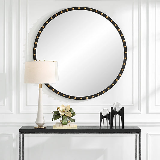 Sele Oversized Round Mirror by Uttermost in matte black, gold leaf. Made from mirror, mdf, beech in a modern style.