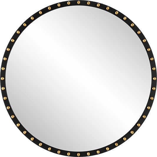 Sele Oversized Round Mirror by Uttermost in matte black, gold leaf. Made from mirror, mdf, beech in a modern style.