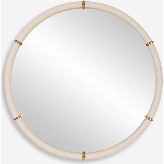 Cyprus Round Mirror by Uttermost in brass. Made from steel, mirror, mdf, pu leather, aluminum in a modern style.
