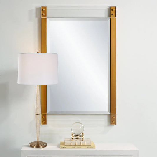Nera Plated Mirror by Uttermost in brass. Made from stainless steel, acrylic, mirror, mdf in a modern style.