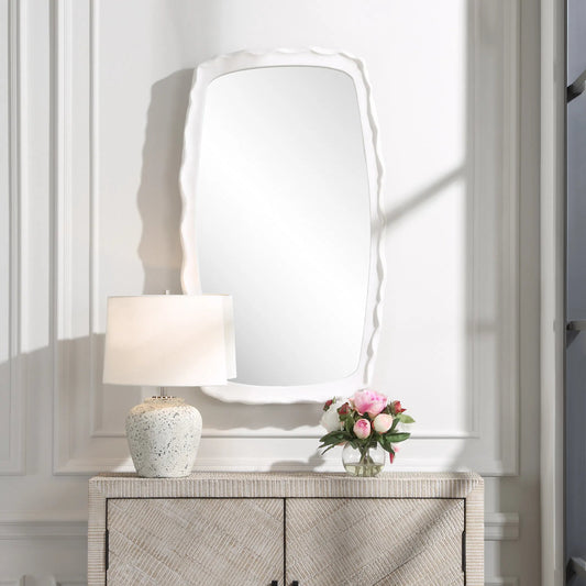Marbella Mirror by Uttermost in white. Made from iron, mdf, glass, resin in a transitional style.