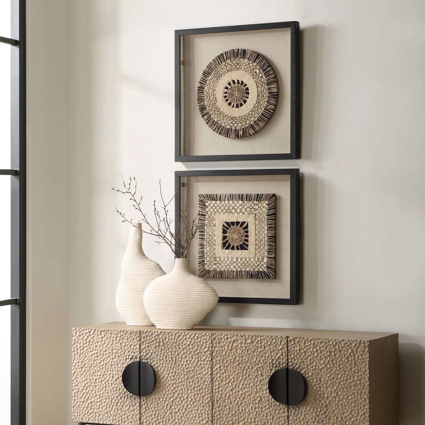 004 SI-2262095 | Lifestyle | Intertwine Knit Paper Shadow Box by Uttermost in black. Made from paper, pine, mdf, glass, linen in a rustic style.