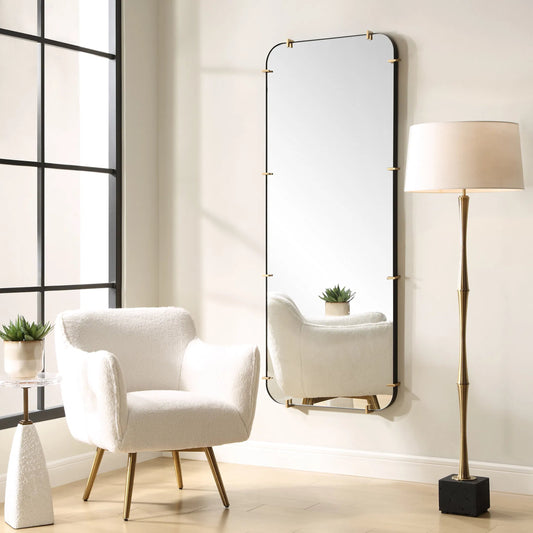 Pali Industrial Dressing Mirror by Uttermost in gold. Made from iron, mirror, mdf in a transitional style.