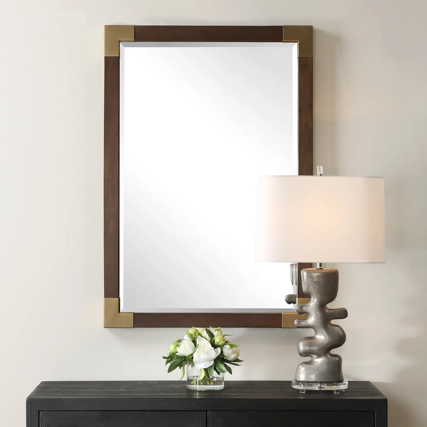 005 SI-2262148 | Lifestyle | Rhea Mirror by Uttermost in gold. Made from mdf, glass, walnut veneer, iron in a unique style.