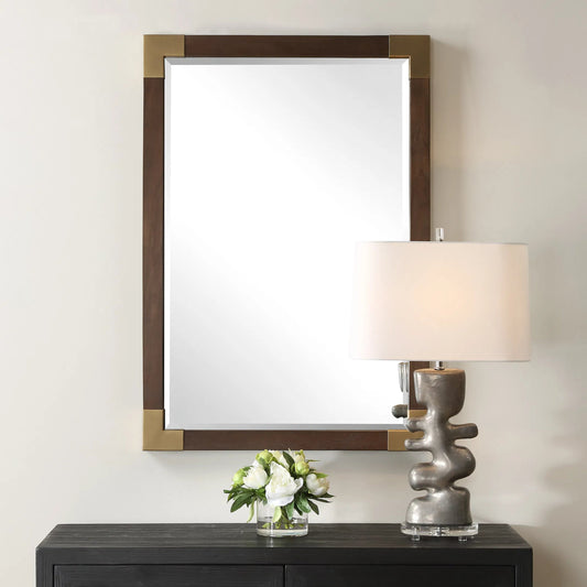 Rhea Mirror by Uttermost in gold. Made from mdf, glass, walnut veneer, iron in a traditional style.