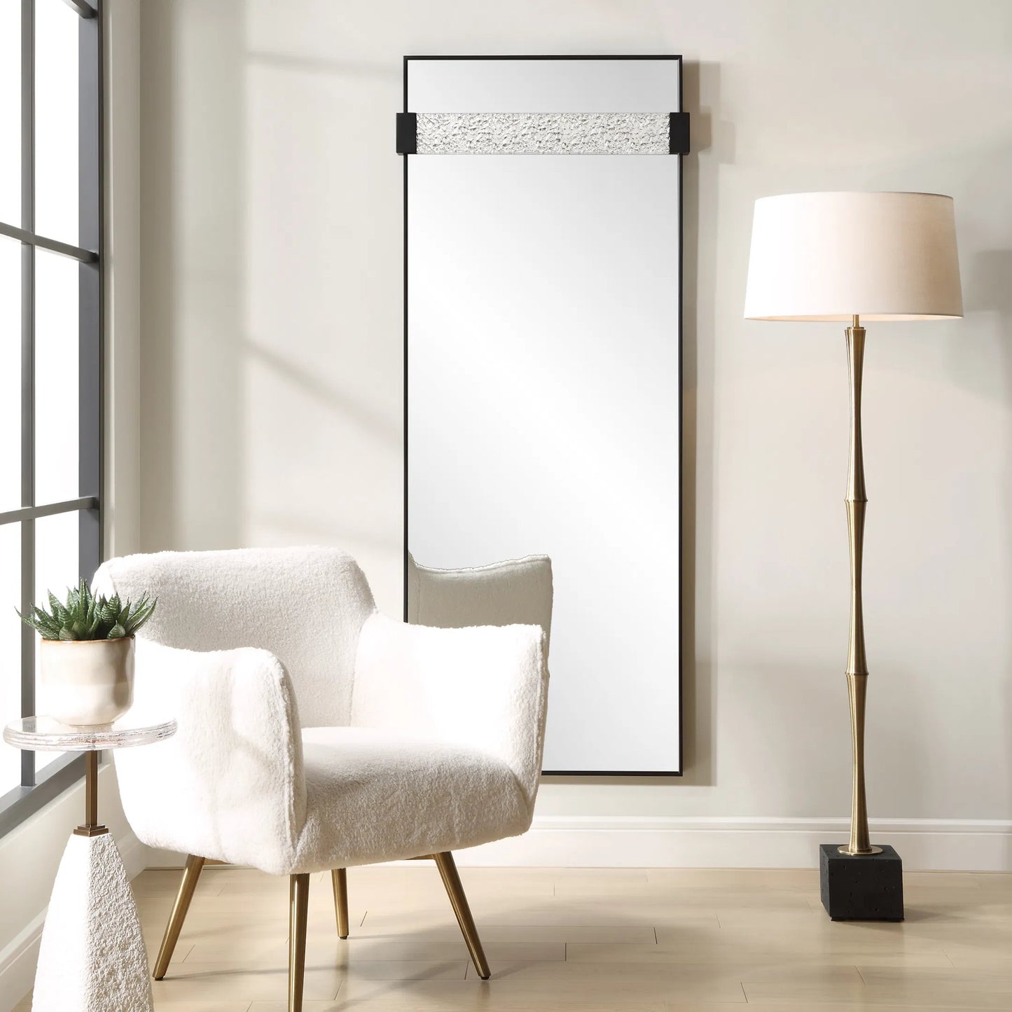 004 SI-2262149 | Lifestyle | Stratton Modern Dressing Mirror by Uttermost in iron. Made from iron, mirror, mdf, acrylic in a transitional style.