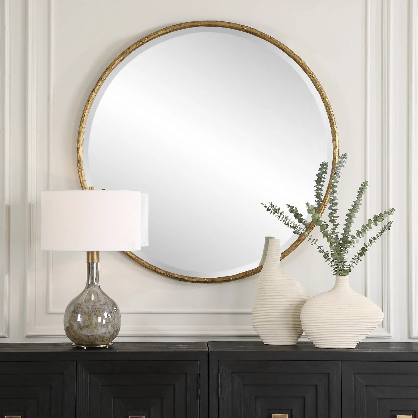 003 SI-2262157 | Lifestyle | Sutton Round Mirror by Uttermost in gold. Made from iron, mirror, mdf in a transitional style.