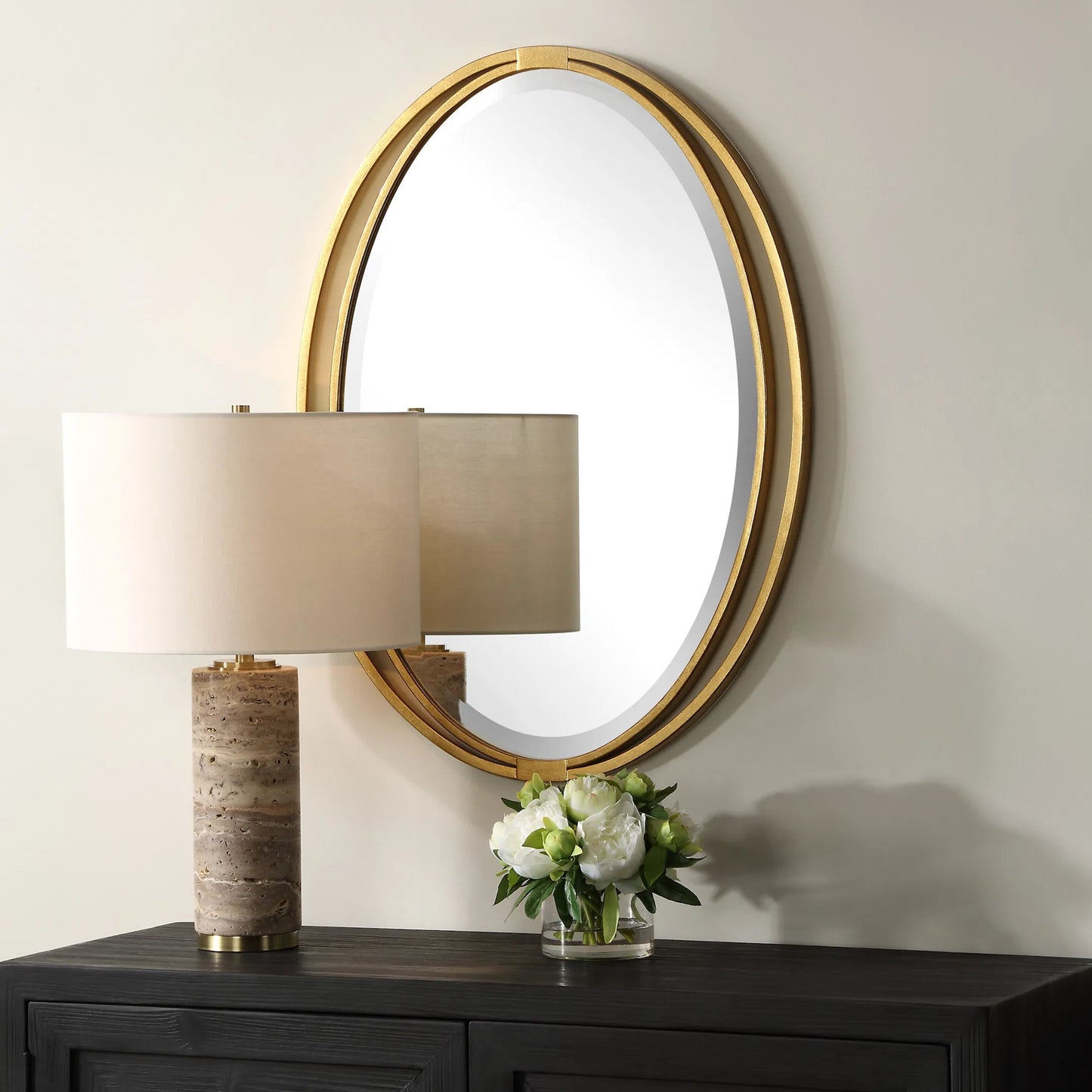 003 SI-2262159 | Lifestyle | Rhodes Oval Mirror by Uttermost in gold leaf. Made from iron, mdf, mirror in a transitional style.
