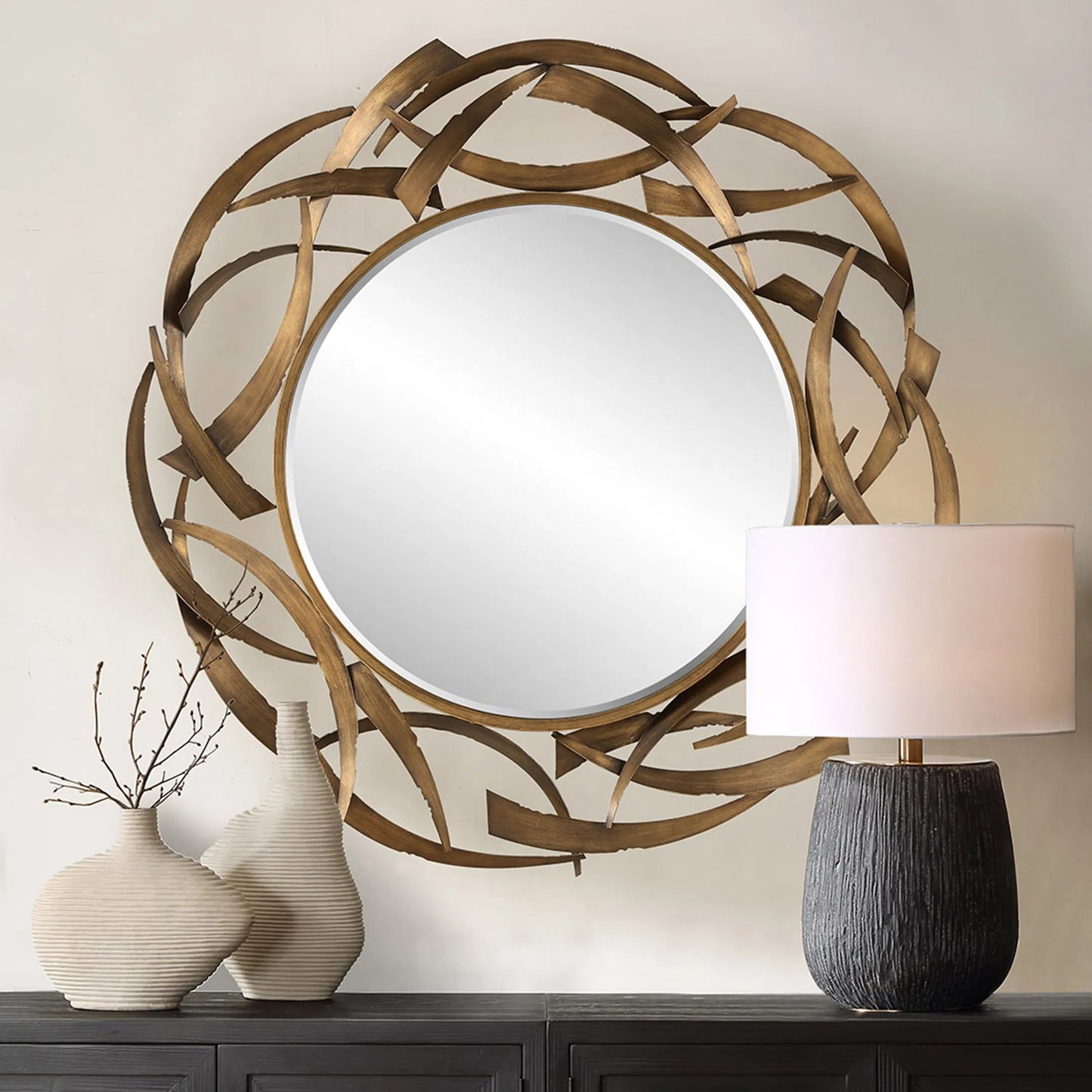 003 SI-2262111 | Lifestyle | Cutting Edge Round Mirror by Uttermost in bronze. Made from iron, mirror, mdf in a modern style.