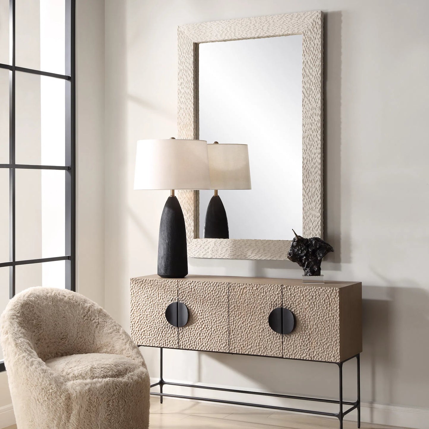002 SI-2262166 | Lifestyle | Everett Mirror by Uttermost in ivory. Made from mirror, man made stone, mdf in a transitional style.