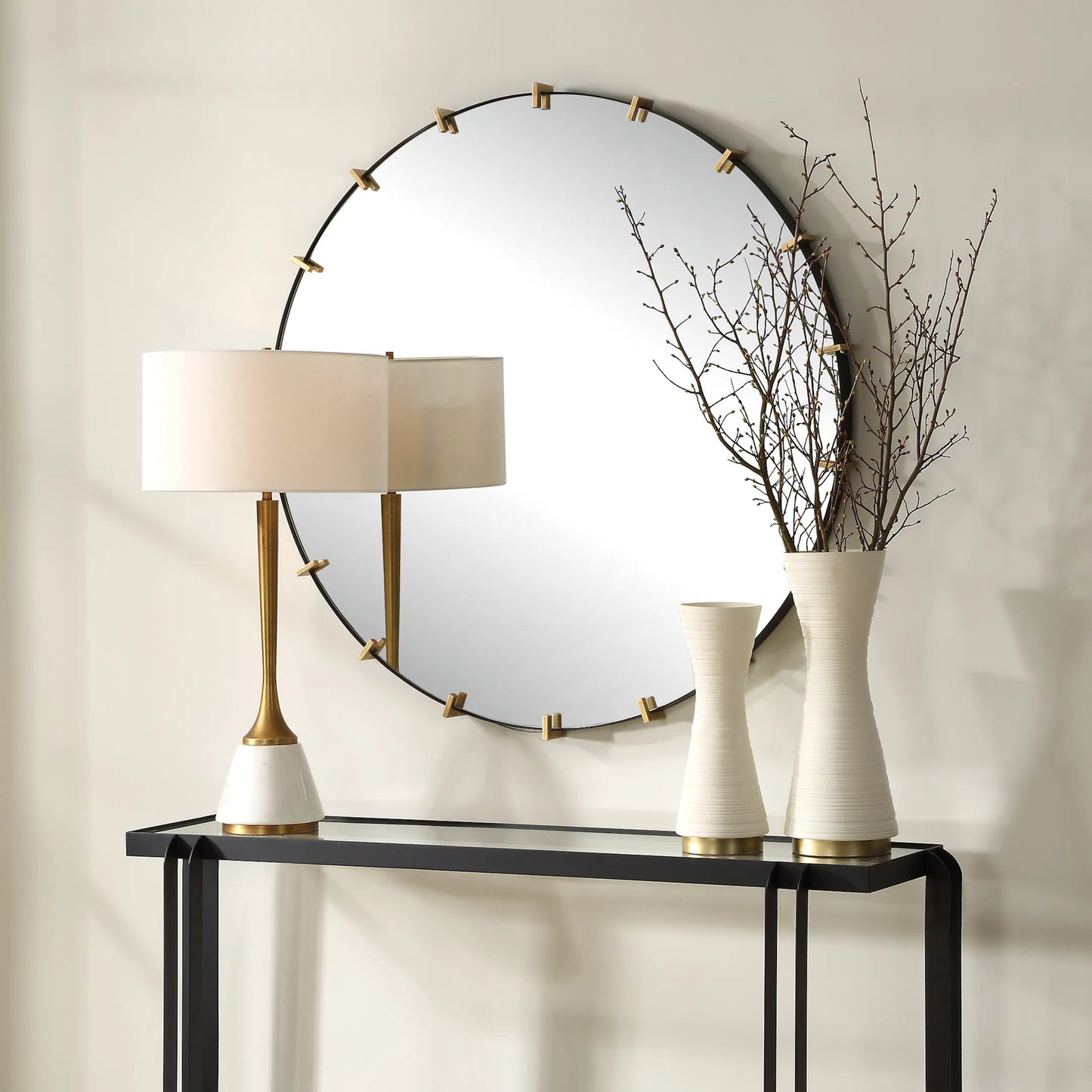 003 SI-2262161 | Lifestyle | Pali Industrial Round Mirror by Uttermost in gold. Made from iron, mdf, glass in a transitional style.