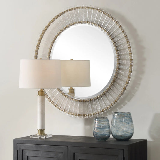 Denali Textured Glass Round Mirror by Uttermost in gold. Made from glass, metal, mirror, mdf in a traditional style.