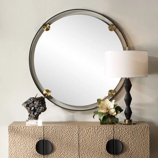 Radius Round Mirror by Uttermost in dark bronze. Made from iron, mirror, mdf in a transitional style.