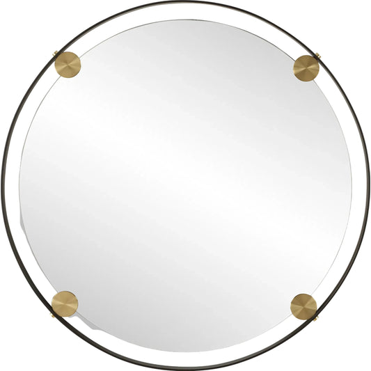 Radius Round Mirror by Uttermost in dark bronze. Made from iron, mirror, mdf in a transitional style.