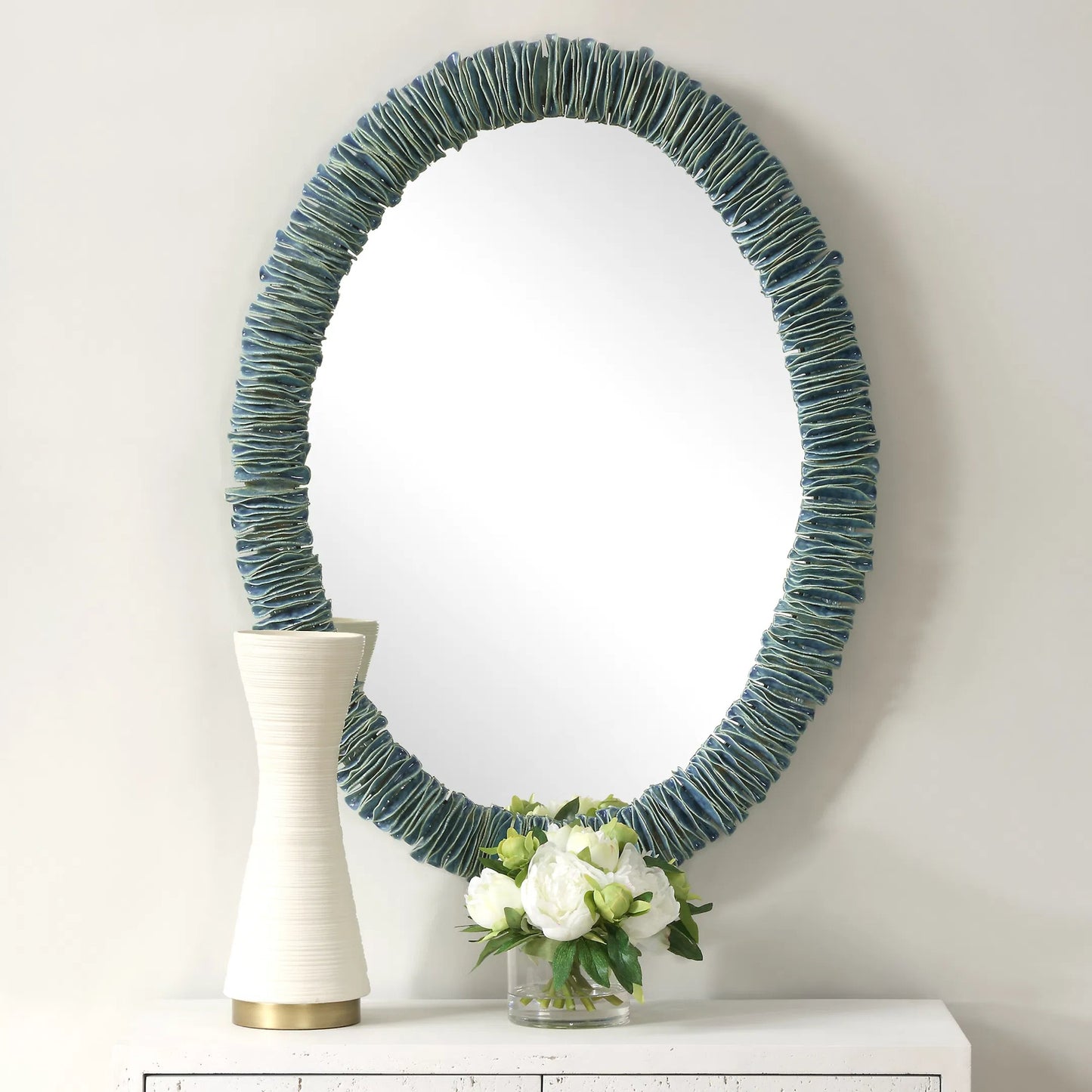 003 SI-2262113 | Lifestyle | Bonaire Oval Mirror by Uttermost in blue. Made from ceramic, mirror, resin, metal, mdf in a eclectic & global style.