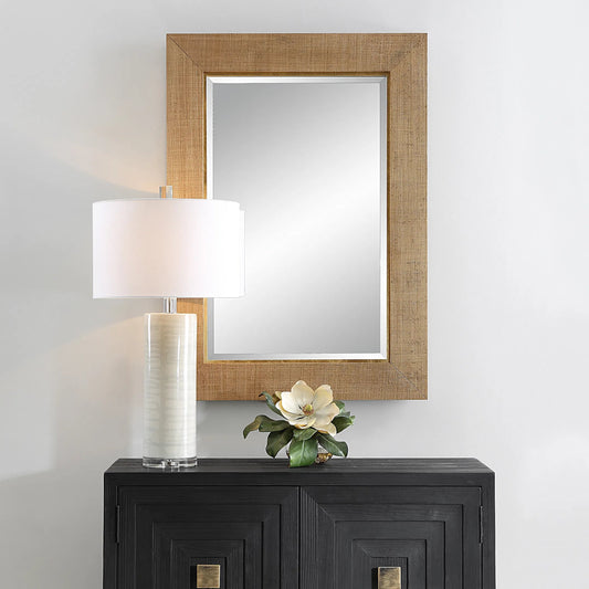 Bungalow Grass Cloth Mirror by Uttermost in gold leaf. Made from mirror, mdf, grass, metal in a transitional style.