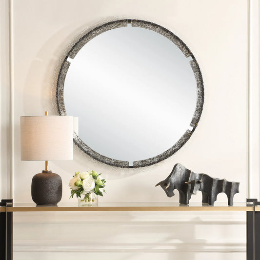 Crystalline Round Mirror by Uttermost in brass. Made from iron, mirror, mdf, acrylic in a transitional style.