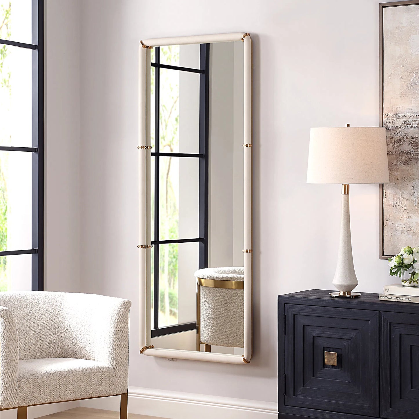 003 SI-2295179 | Unknown | Cyprus Dressing Mirror by Uttermost in brass. Made from steel, mirror, mdf, pu leather, aluminum in a unique style.