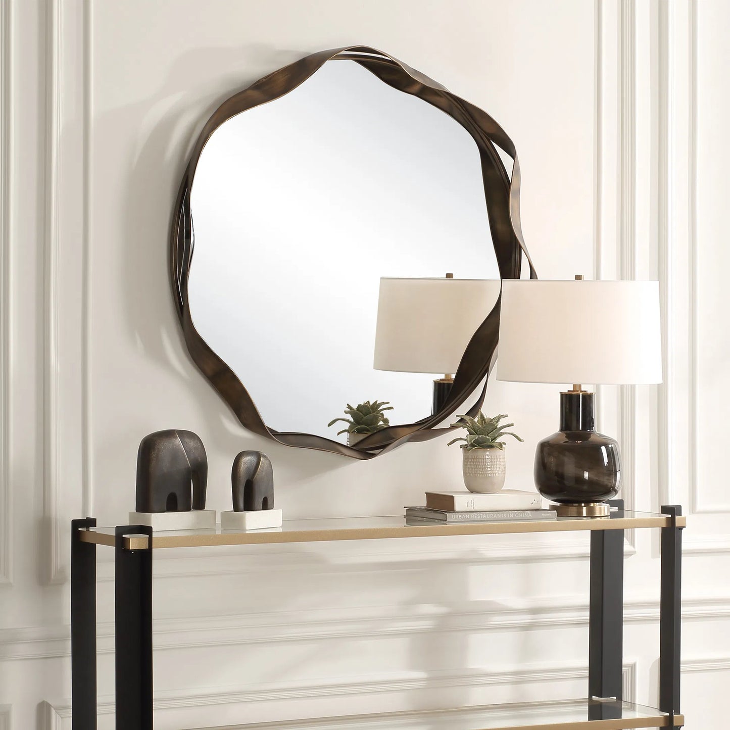 003 SI-2295171 | Unknown | Catch the Wave Round Mirror by Uttermost in bronze. Made from mirror, mdf, iron in a unique style.