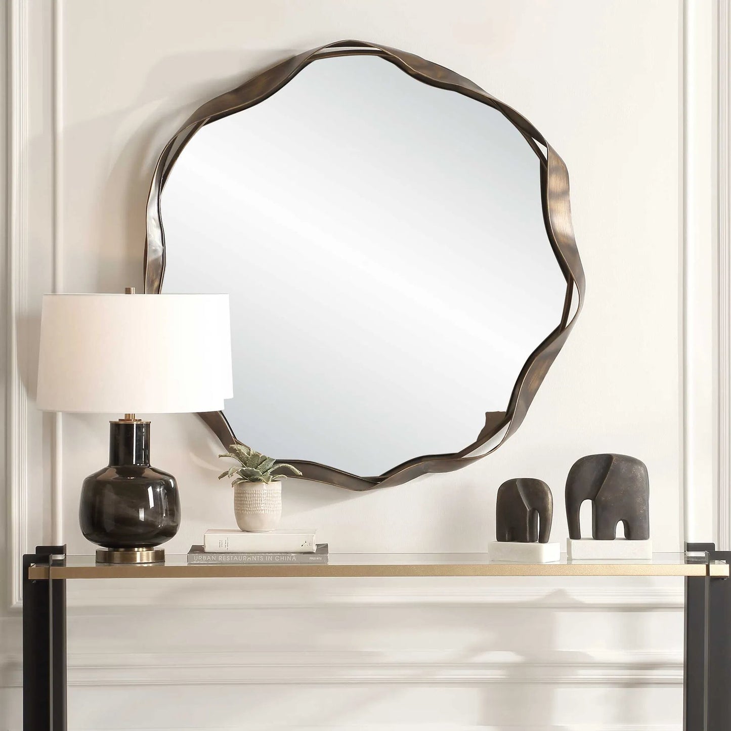 005 SI-2295171 | Closeup | Catch the Wave Round Mirror by Uttermost in bronze. Made from mirror, mdf, iron in a unique style.