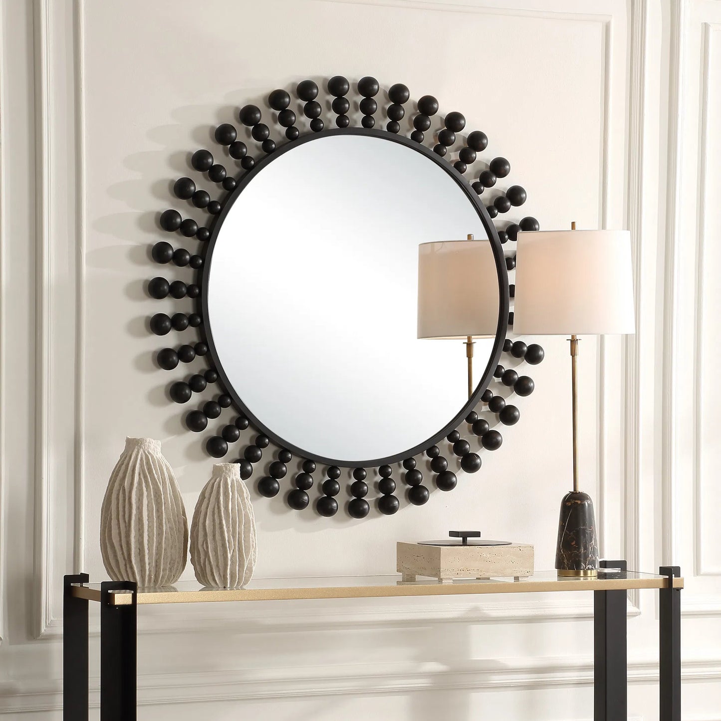 006 SI-2355219 | Lifestyle | Aziel Round Mirror by Uttermost in black. Made from mdf, metal, mirror in a modern style.