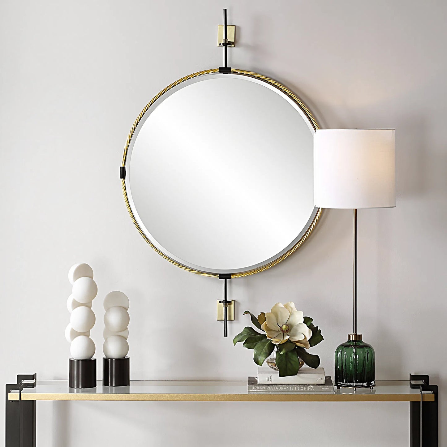 004 SI-2295166 | Lifestyle | Guardrail Round Mirror by Uttermost in brass. Made from iron, mirror, mdf in a transitional style.