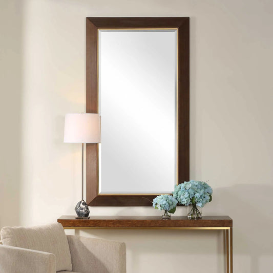 Matheson Rectangular Mirror by Uttermost in gold. Made from walnut veneer, mirror, mdf, iron in a transitional style.