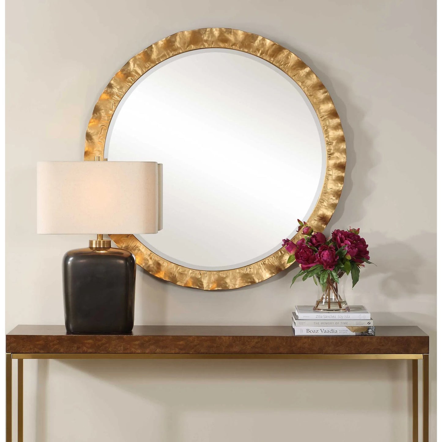 003 SI-2386578 | Lifestyle | Haya Round Mirror by Uttermost in gold leaf. Made from iron, mirror, mdf in a transitional style.