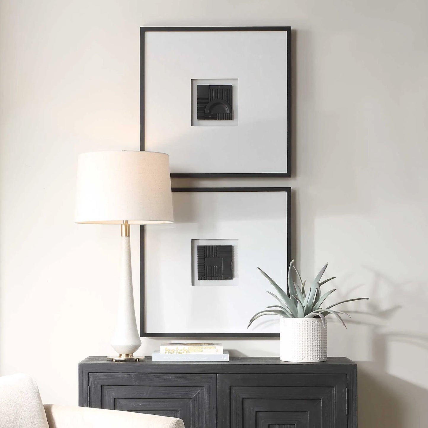 002 SI-2386564 | Lifestyle | Origins Shadow Boxes by Uttermost in dark bronze. Made from pine, glass, resin, mdf, linen in a modern style.