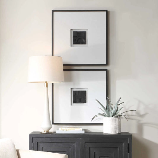 Origins Shadow Boxes by Uttermost in dark bronze. Made from pine, glass, resin, mdf, linen in a modern style.
