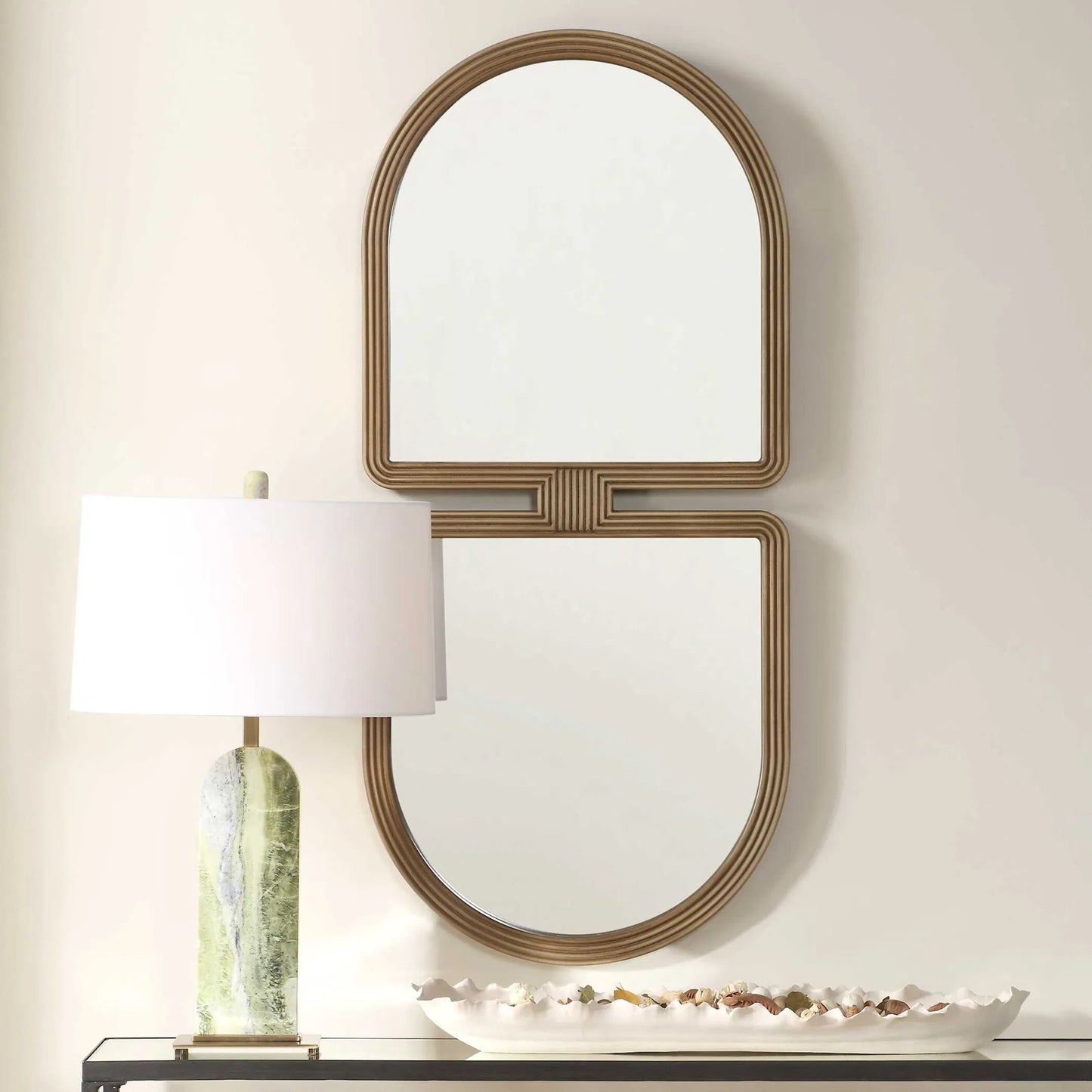 002 SI-2386591 | Lifestyle | Jacques Art Deco Mirror by Uttermost in antiqued gold. Made from mdf, mirror in a transitional style.