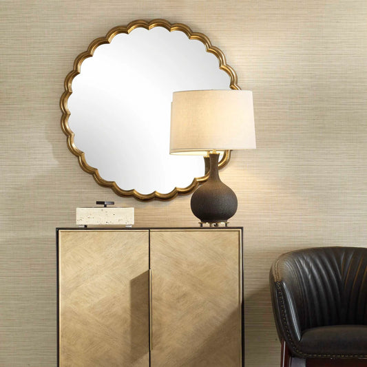 Cerrito Antique Round Mirror by Uttermost in brass. Made from aluminum, glass, mdf in a transitional style.