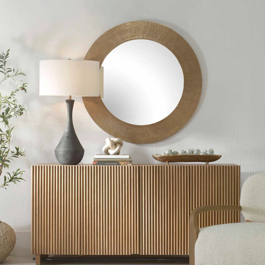 Tano Round Mirror by Uttermost in brass. Made from aluminium, glass, mdf in a transitional style.