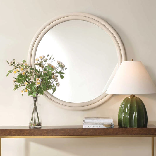 Florian Round Mirror by Uttermost in warm white. Made from mirror, iron, mdf in a transitional style.