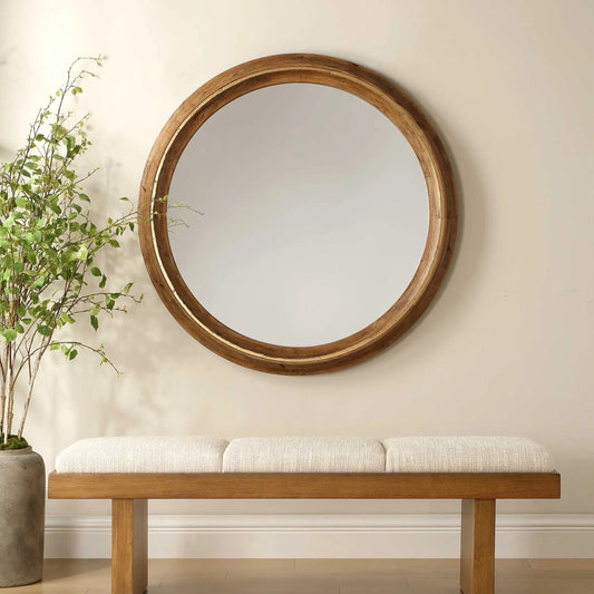 Frontier Round Mirror by Uttermost in woodtone and gold. Made from mdf, rubber wood, glass, iron in a unique style.