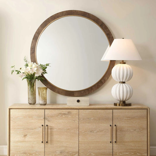 Cleveland Round Burl Mirror by Uttermost in woodtone and gold. Made from iron, mdf, mirror, burl veneer in a unique style.