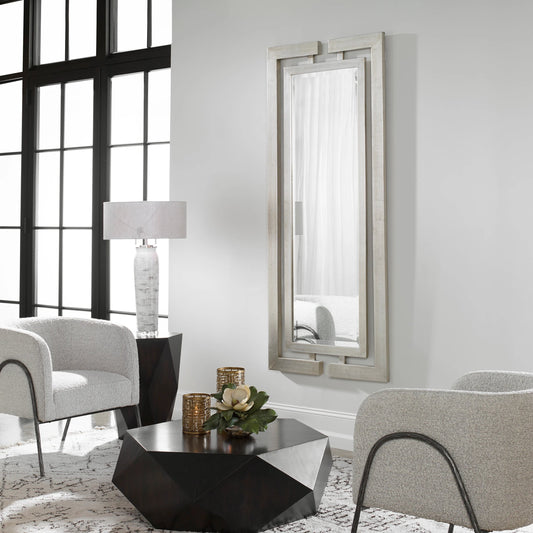 Jamal Mirror by Uttermost in silver. Made from wood in a modern style.