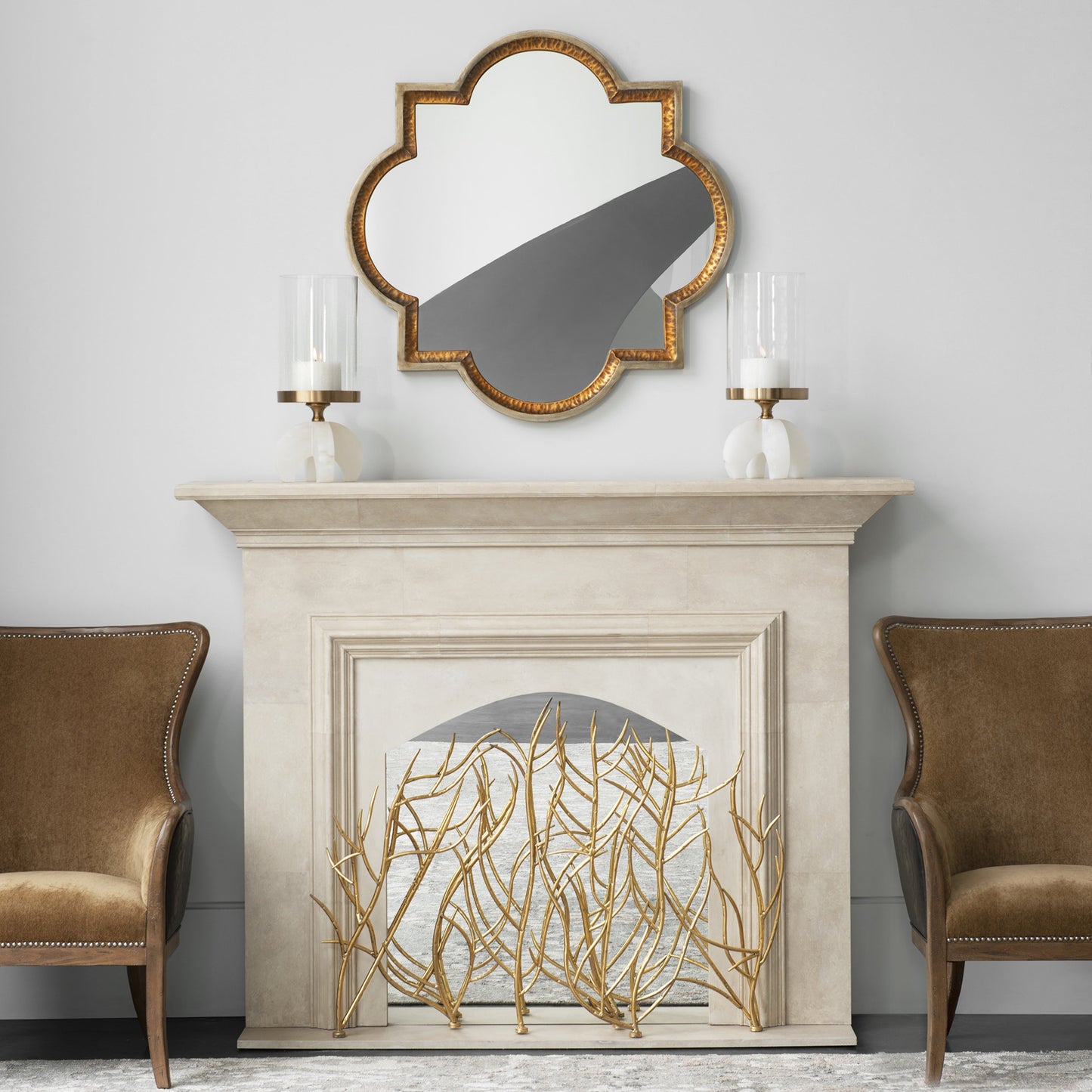 002 S-252022 | Lifestyle | Lourosa Mirror by Uttermost in gold. Made from metal in a traditional style.
