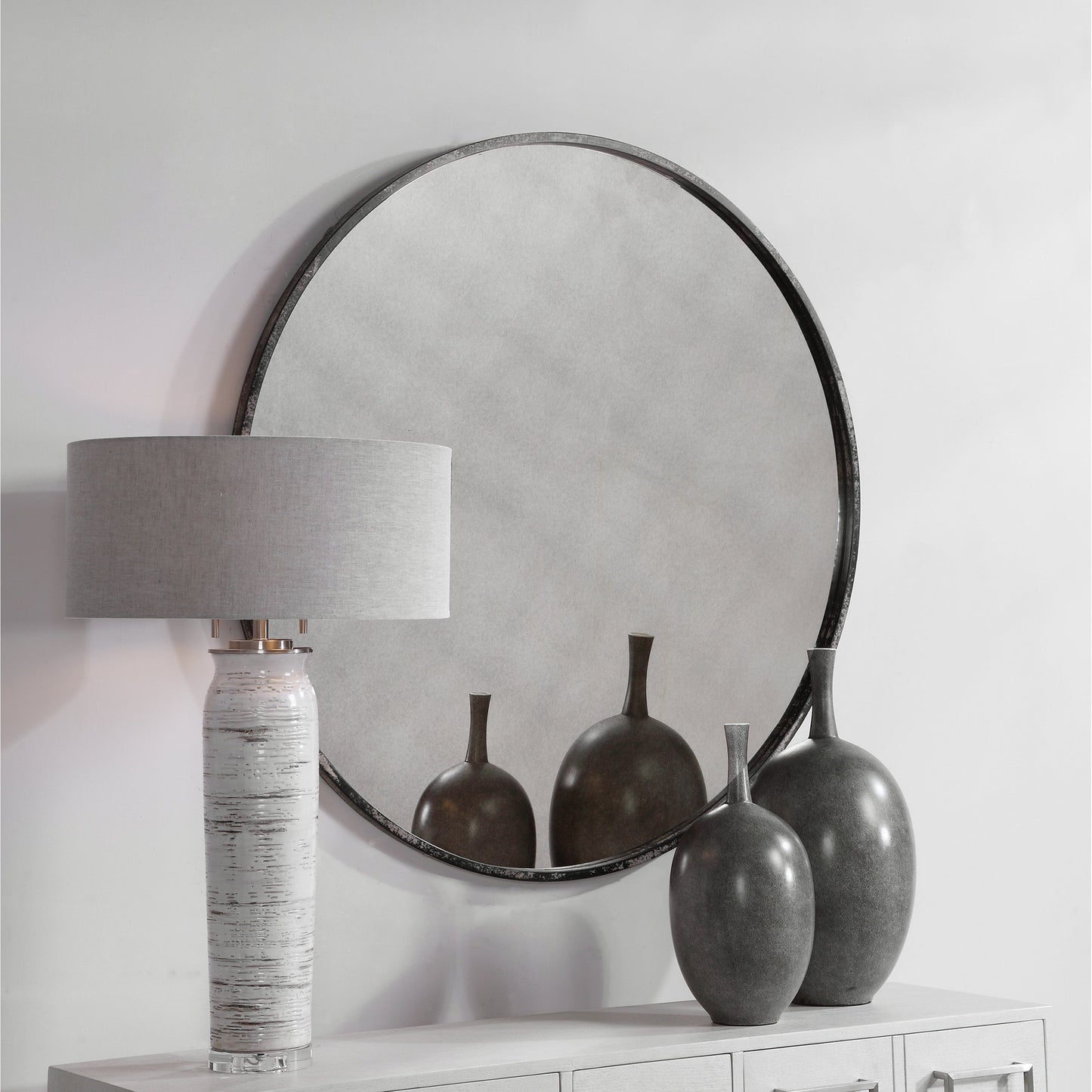 009 SR-766618 | Lifestyle | Argand Industrial Round Mirror by Uttermost. Made from metal, mdf, glass in a modern style.