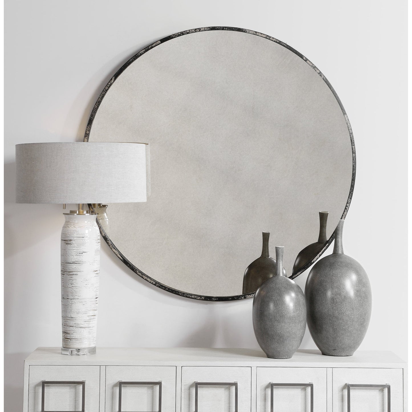 008 SR-766618 | Lifestyle | Argand Industrial Round Mirror by Uttermost. Made from metal, mdf, glass in a modern style.