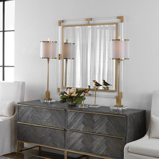 Balkan Square Mirror by Uttermost in gold leaf. Made from iron, mdf, glass, acrylic in a transitional style.