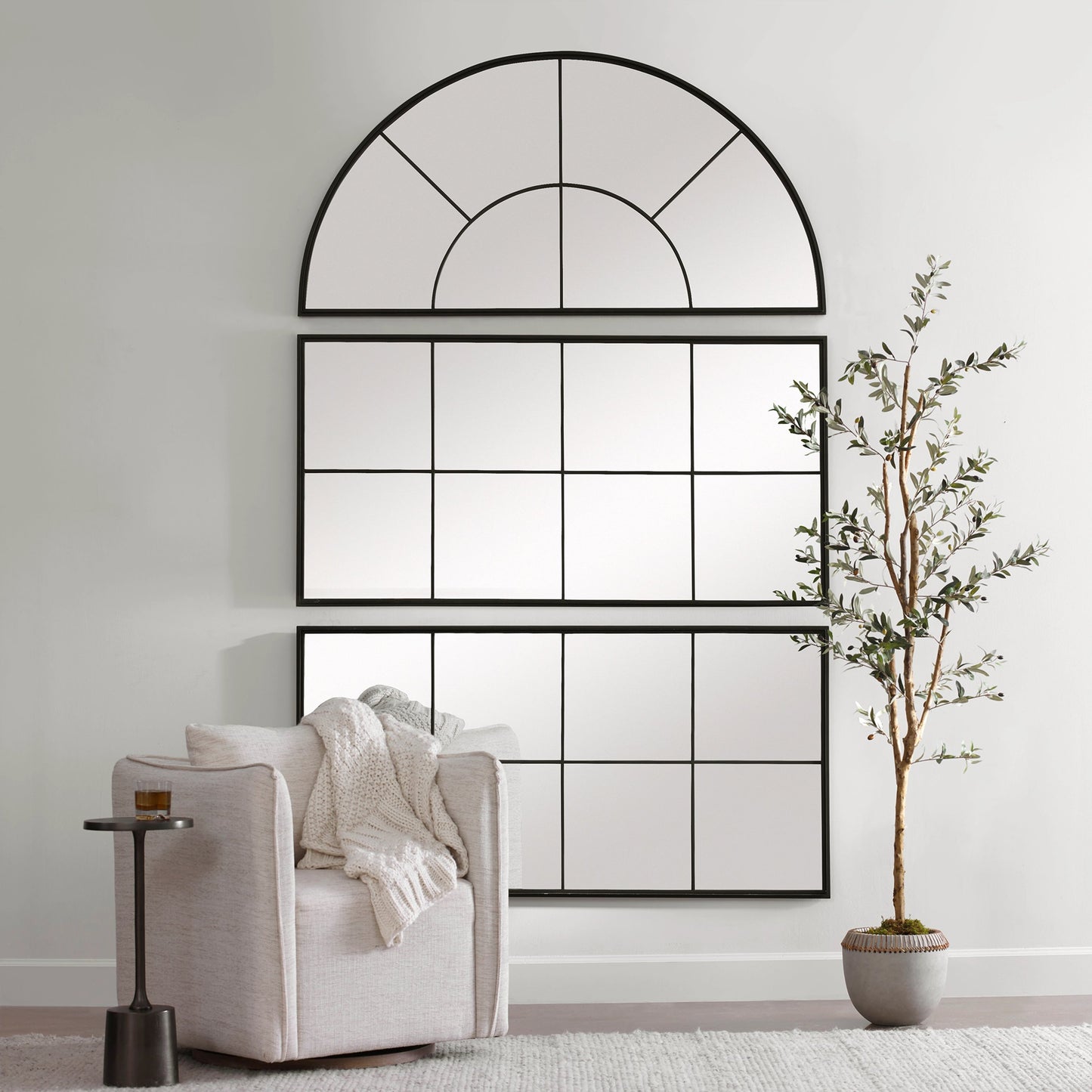 008 SI-1750288 | Lifestyle | Rousseau Window Arch Mirror by Uttermost in black. Made from iron, mdf, glass in a transitional style.