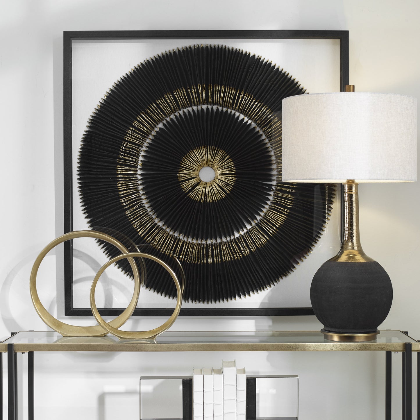 004 SI-1754840 | Lifestyle | Sandara and Shadow Box by Uttermost in black, gold. Made from pine, paper, glass, linen, velvet in a eclectic & global style.
