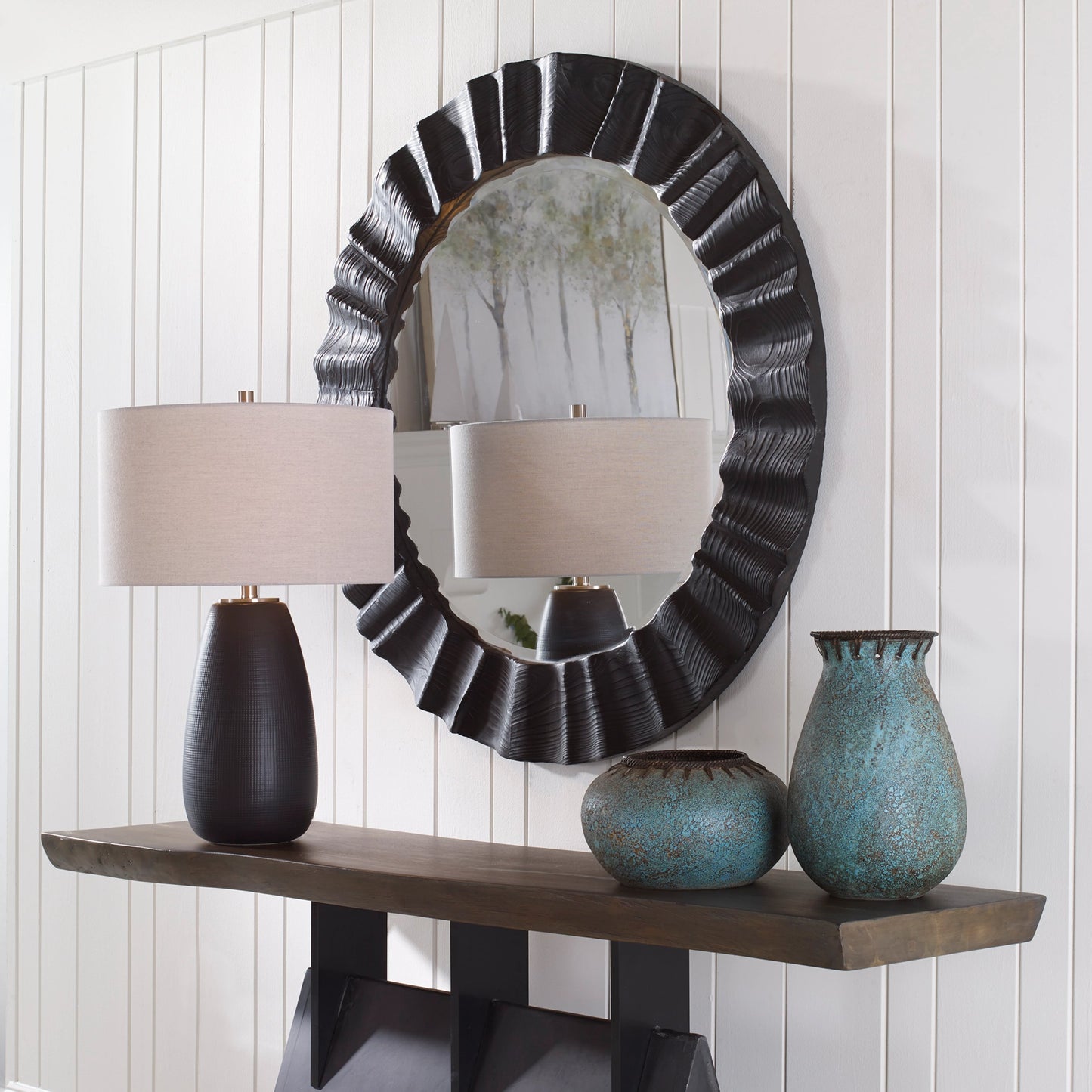 003 SI-1981163 | Lifestyle | Caribou Round Mirror by Uttermost in dark espresso. Made from firwood, mdf, mirror in a modern style.