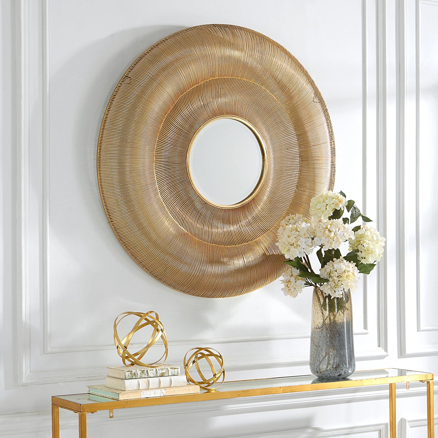 008 SI-1981183 | Lifestyle | Bauble Round Mirror by Uttermost in antique gold. Made from iron, mirror, mdf in a coastal style.