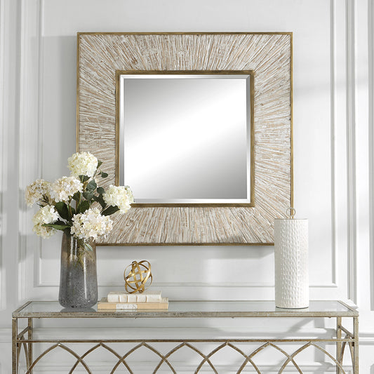Wharton Square Mirror by Uttermost in aged whitewashed. Made from mirror, mdf, fir, iron in a modern style.