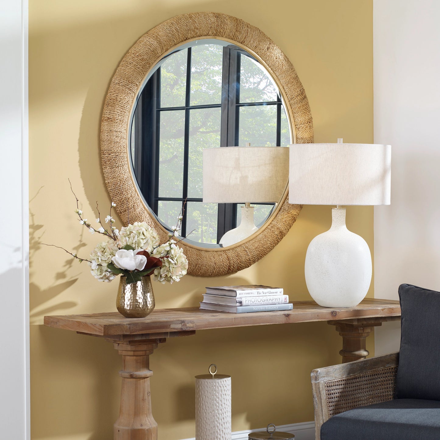 008 SI-1981160 | Lifestyle | Mariner Round Mirror by Uttermost. Made from banana weaving, rattan, plywood, glass in a modern style.