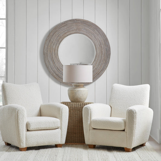 Vortex Round Mirror by Uttermost in white washed. Made from mango wood, plywood, rattan kubu in a modern style.