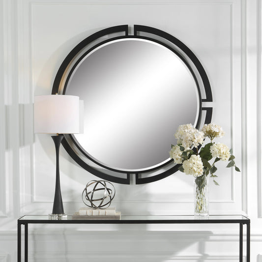 Quadrant Round Mirror by Uttermost in satin black. Made from iron, mdf, mirror in a modern style.
